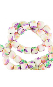 Polymer tube beads 6mm - White-multicolour flowers